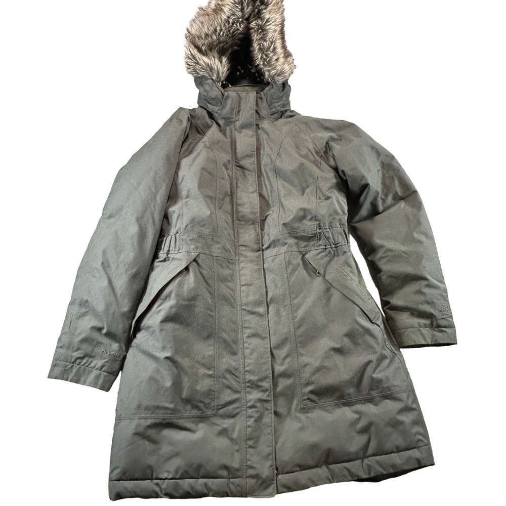 The North Face HyVent Parka Women Medium Gray Down Faux Fur Hood Splatter Lining